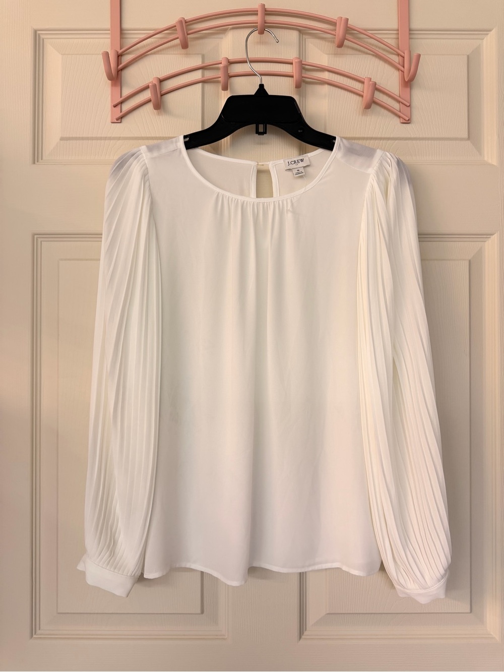 J. Crew White Pleated-Sleeve Round-Neck Blouse